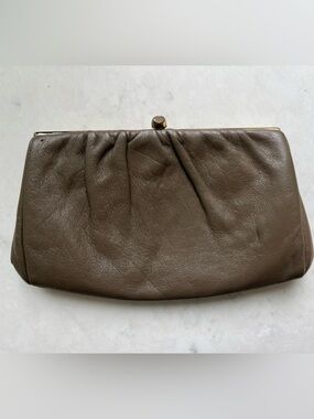 Vintage Olive Green Brown Leather Clutch / Shoulder Bag m with Brass Chain